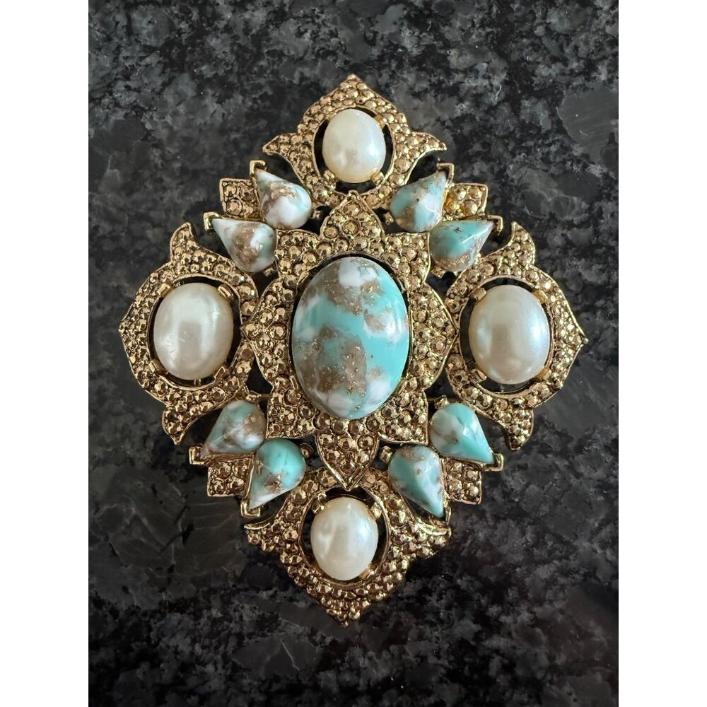 Vintage Sarah Coventry Brooch Faux Turquoise Pearl Stones Gold-Tone Statement